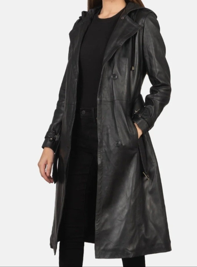 Women's hooded black leather trench coat with a belt.Can be tailored for your height and size which makes it petite-friendly

#LTKMidsize #LTKPetite