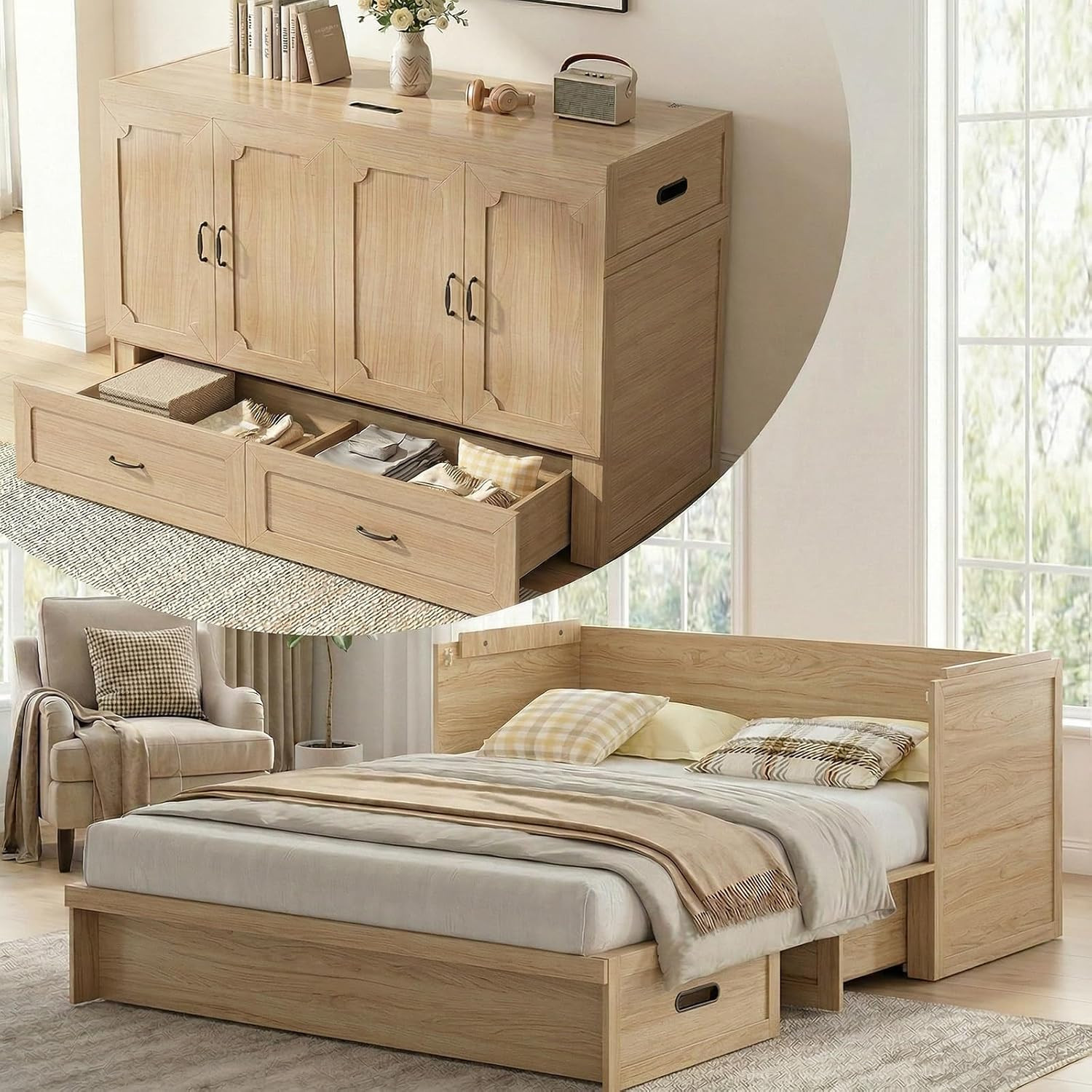 Queen Murphy Bed with Tri-Folding Mattress, Natural Wood | Amazon (US)