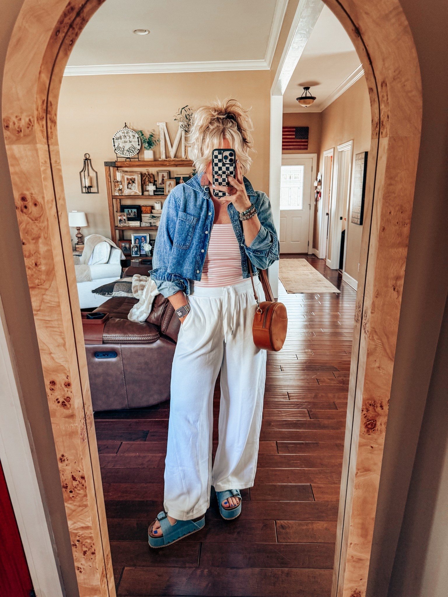 Cut my denim top and now I love the length. 
These white pants are AMAZING and this cute striped tube top is only $14. 
Denim shirt - M
Tube top - M
Pants - M
Denim sandals - true to size 


#LTKFindsUnder50 #LTKStyleTip #LTKOver40