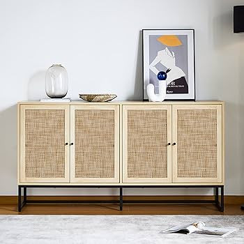 QEIUZON Modern Sideboard Cabinet, Accent Storage Cabinet with Rattan Doors and Adjustable Shelves... | Amazon (US)