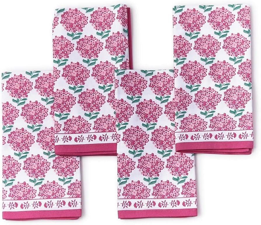 Two's Company Pink Hydrangea Cotton Cloth Napkins, 4-PC Washable Reusable Fabric Dinner Table Nap... | Amazon (US)