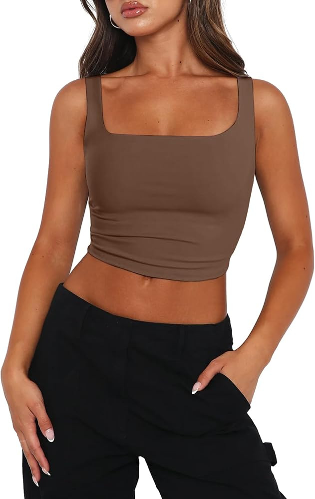 Zeagoo Women's Square Neck Sleeveless Crop Tops 2025 Cute Double Layer Seamless Slim Fit Y2k Tank... | Amazon (US)