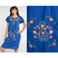 Floral Mexican Dress Embroidered Midi Hippie Boho Ethnic Blue Tent Bohemian Cotton Tunic Traditional Small S | Etsy (US)