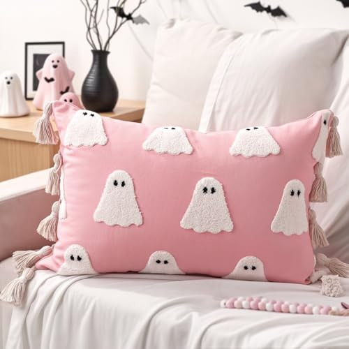 Bunny Chorus Halloween Decor Throw Pillows: Cute Pink White Ghost Halloween Pillow, Plush Ghosts Pink Soft Cushion Decorations with Boho Tassels for Kids Home Sofa Bed Office Couch Living Room | Amazon (US)