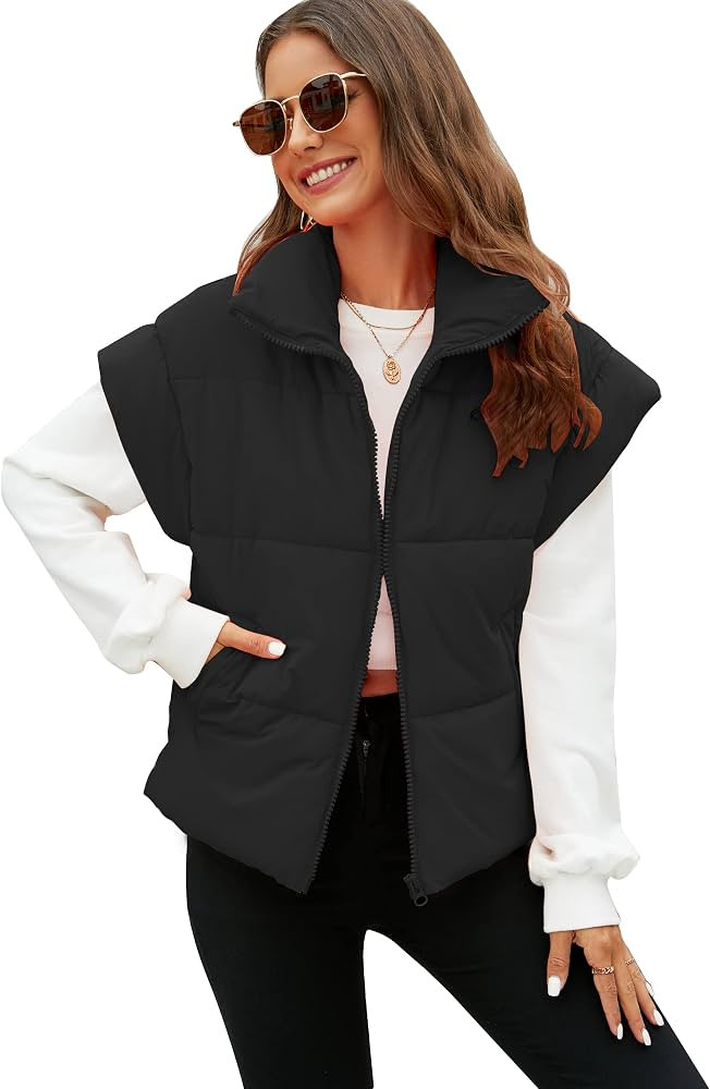 Flygo Women's Puffer Vest Zip Up Stand Collar Cap Sleeve Winter Padded Outerwear Vests | Amazon (US)