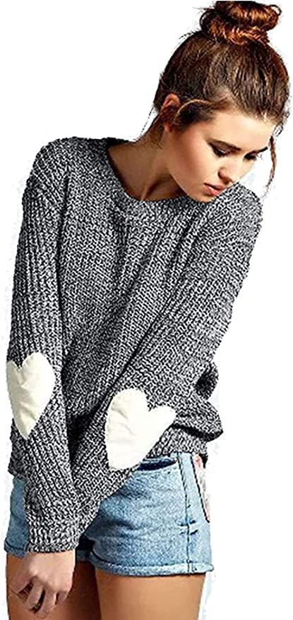 shermie Women's Cute Heart Pattern Elbow Patchwork Casual Crewneck Knitted Sweaters Pullover | Amazon (US)