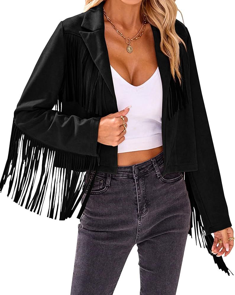 Women Fashion Cropped Tassel Fringe Faux Suede Leather Jacket Fall Winter Long Sleeve Lapel Neck ... | Amazon (US)