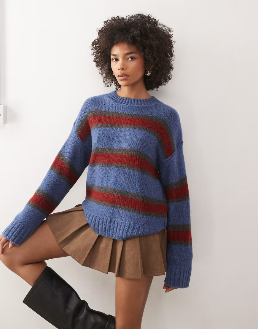 Reclaimed Vintage clean knit sweater in blue multi stripe | ASOS (Global)