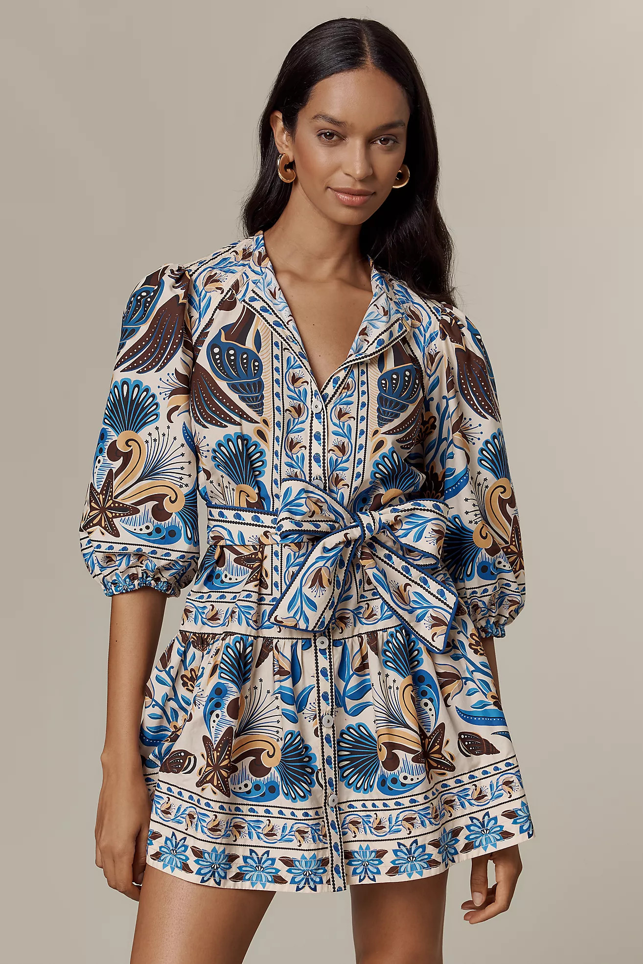 Farm Rio Belted Puff-Sleeve Mini Dress | Anthropologie (US)