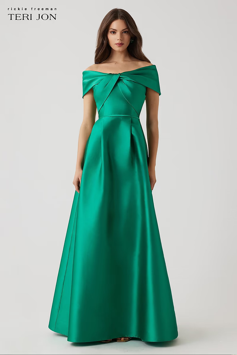 Mikado Stretch Off The Shoulder Twist Gown | TERI JON