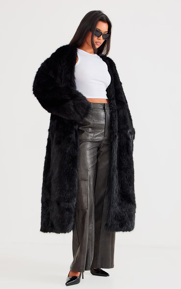 Black Faux Fur Collarless Coat | PrettyLittleThing US