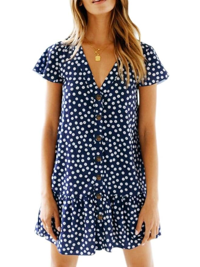 Imysty Womens Polka Dot V Neck Button Down Ruffles Loose Mini Short T-Shirt Dress | Amazon (US)