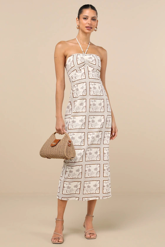 Asiya Beige Stamp Print Halter Midi Dress | Lulus