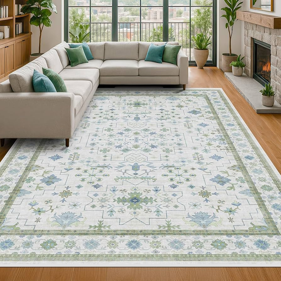 Cream Green Large 8x12 Area Rug for Living Room - Washable Non Skid Geometric Floral Carpet for D... | Amazon (US)