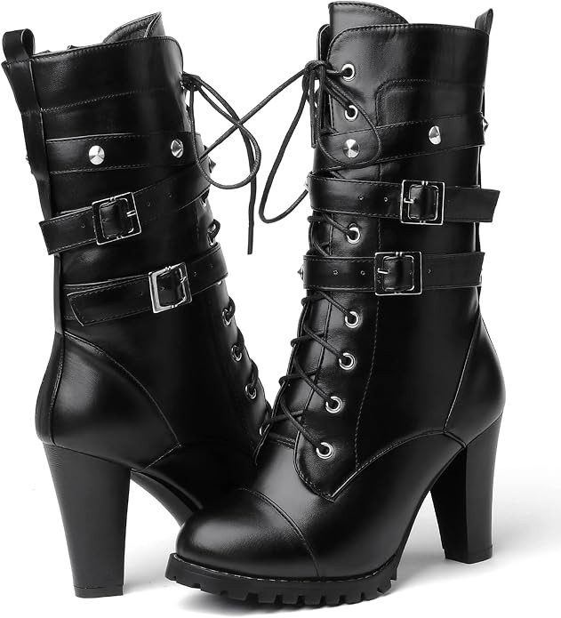 Women's High Heel Boots, Black, Ankle-High, Round Toe, Lace-Up, 3.5 inches, Combat Boots | Amazon (US)
