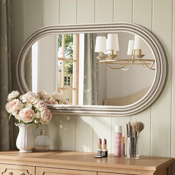 Farmhouse Boho Beaded Oval Arched Wall Mirror, 24" x 48" Rustic Wooden Large Wall Mirror for Bath... | Amazon (US)
