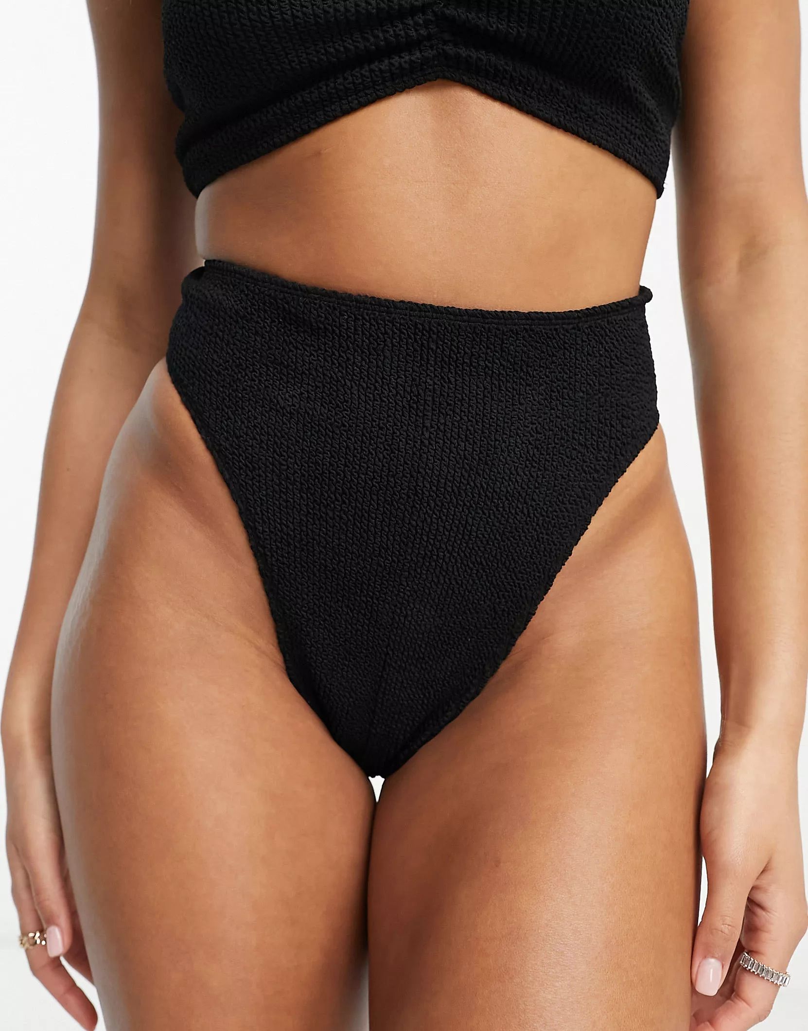 ASOS DESIGN mix and match crinkle high leg high waist bikini bottom in black | ASOS (Global)