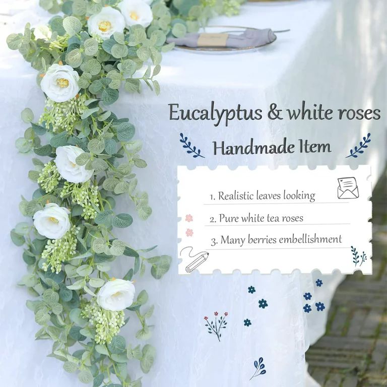 6.56ft Eucalyptus Garland with Flowers-8 White Roses, Artificial Fake Flowers Greenery Garland Fl... | Walmart (US)