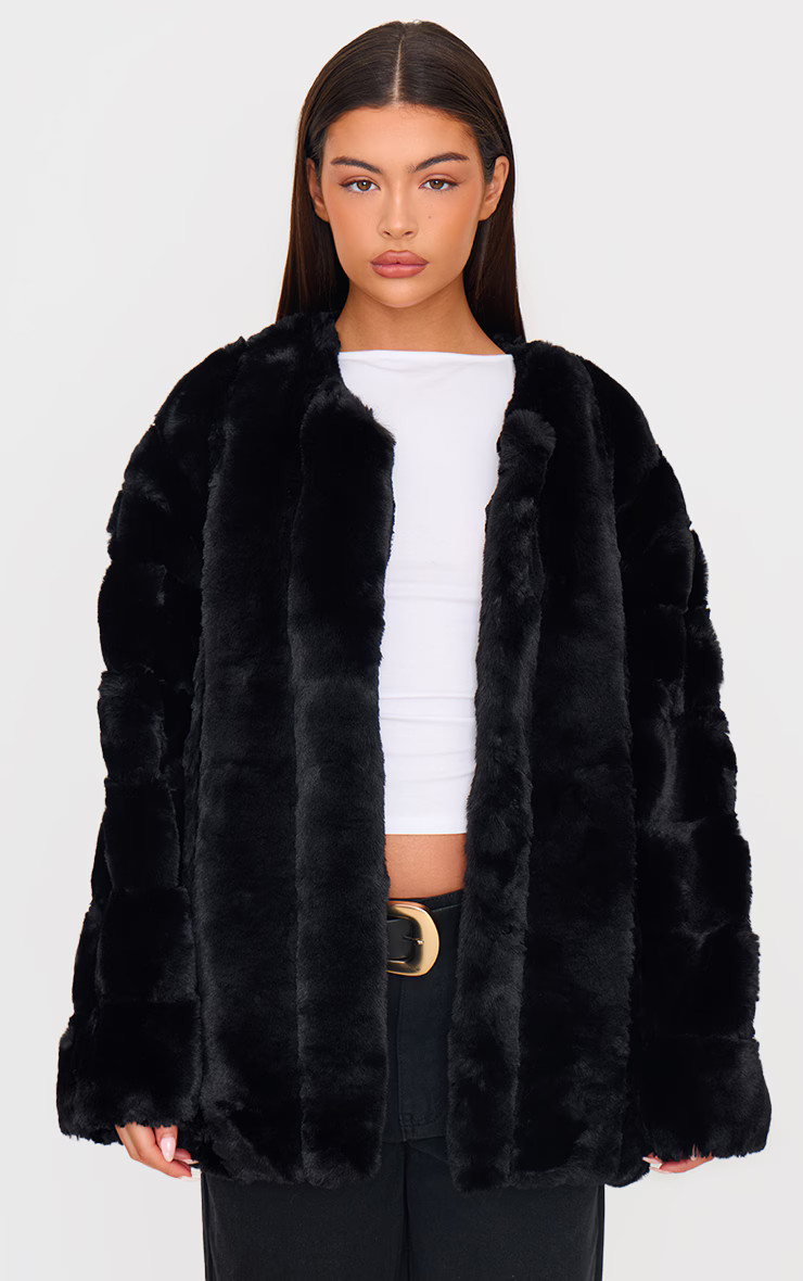 Black Faux Fur Bubble Vertical Coat | Pretty Little Thing (Australia & New Zealand)