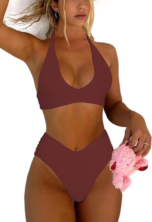 Women's Sexy High Leg Triangle Halter Bikini Set Padded Cup Bikini Cheeky Swimsuit V Cut Thong Ba... | Amazon (US)