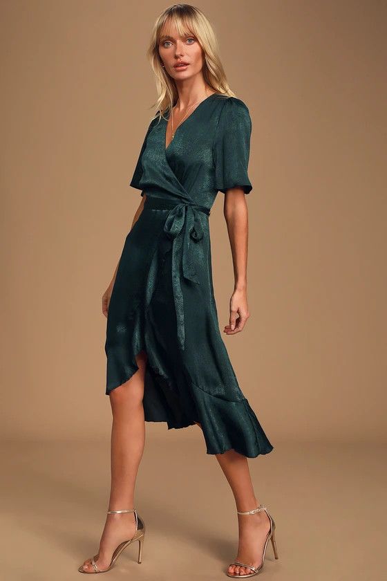 Wrapped Up In Love Dark Green Satin Faux-Wrap Midi Dress | Green Dress | Wedding Guest Dress #LTKU | Lulus (US)