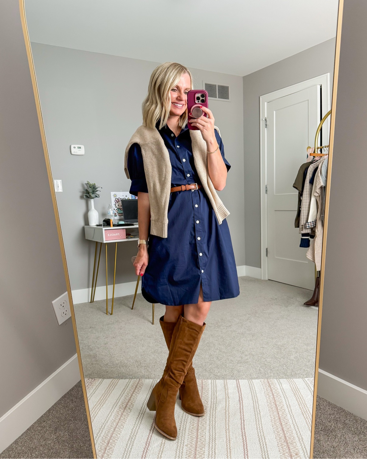 Navy shirt dress + tall boots — such an easy fall outfit 🤎
Dress- small
Cardigan- xsmall