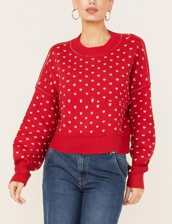 Womens Cropped Pullover Sweater Polka Dot Chunky Knit Sweater Floral Printed Crewneck Long Sleeve... | Amazon (US)