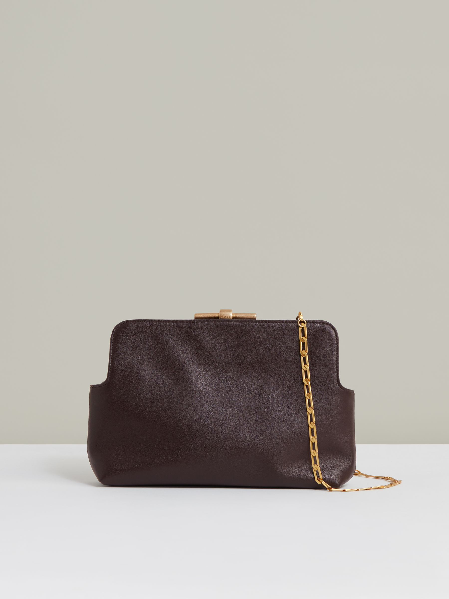 Leather Snake-Effect Frame Clutch Bag in Burgundy | Reiss DE