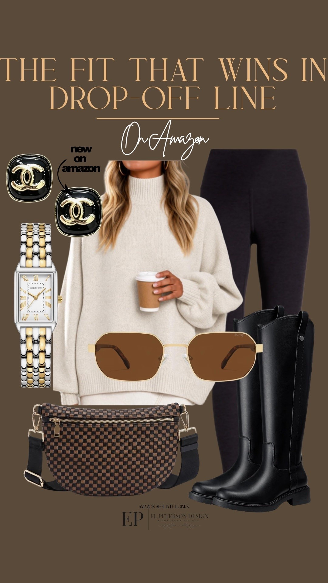 Amazon
Sweater
Leggings
Knee high boots
Watch
Earrings
Bum bag 
Sunglasses