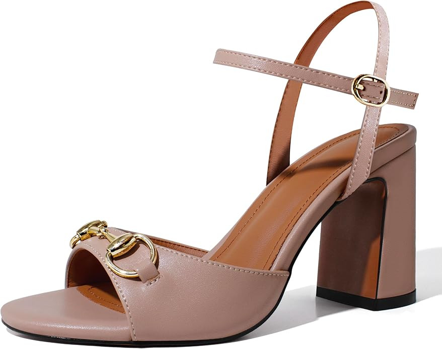 iadore Women Fashion High Block Heel Shoes Strappy with Buckle Fashion Studded Round Open Toe Sum... | Amazon (US)