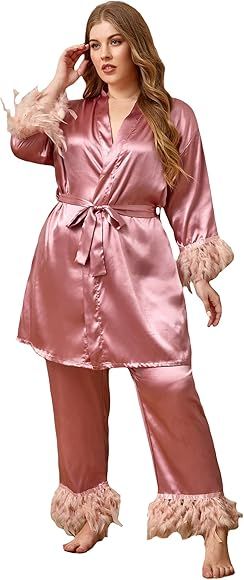 WDIRARA Women's Plus Satin Belted Robe and Pants Pajamas Lounge Set Feather Trim Sleepwear | Amazon (US)