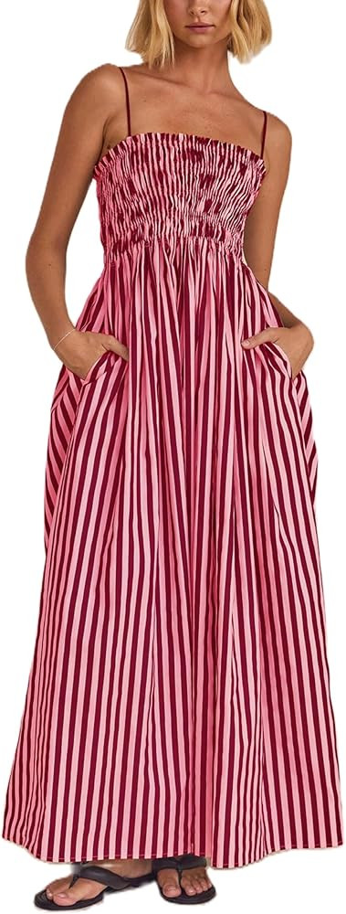KMBANGI Women Striped Sleeveless Maxi Dress Swing Aline Midi Dress Backless Smocked Spaghetti Str... | Amazon (US)