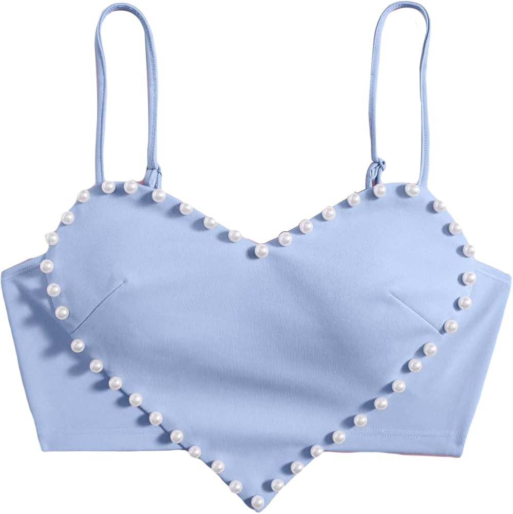 OYOANGLE Women's Pearls Trim Asymmetrical Hem Cami Crop Top Sleeveless Backless Spaghetti Strap C... | Amazon (US)