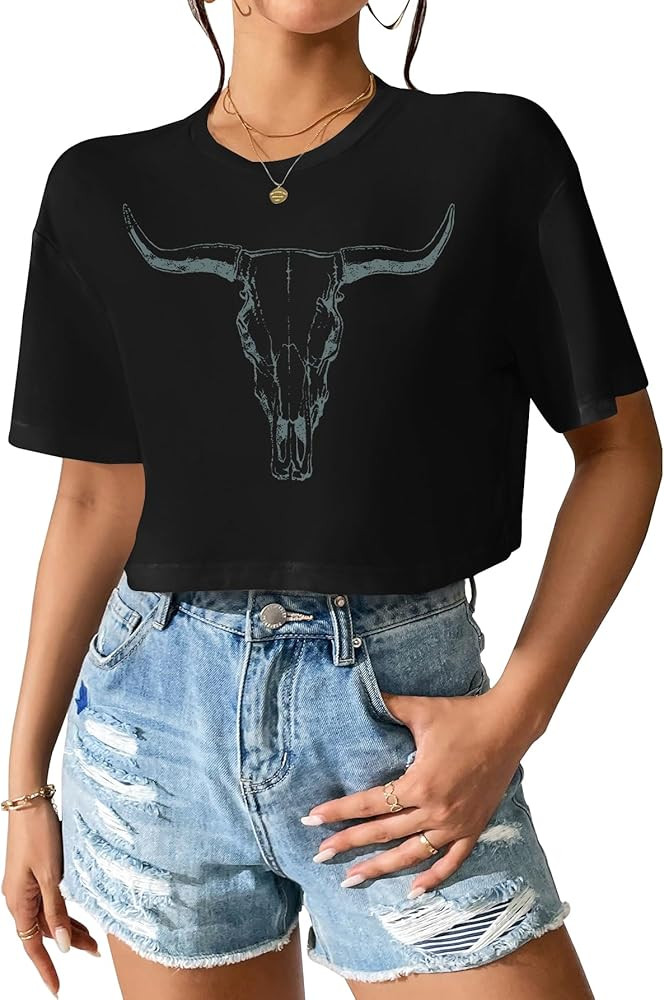 Women Cow Crop Tops Western Cowgirls Graphic T-Shirt Vintage Rodeo Cow Skull Country Concert Tees... | Amazon (US)