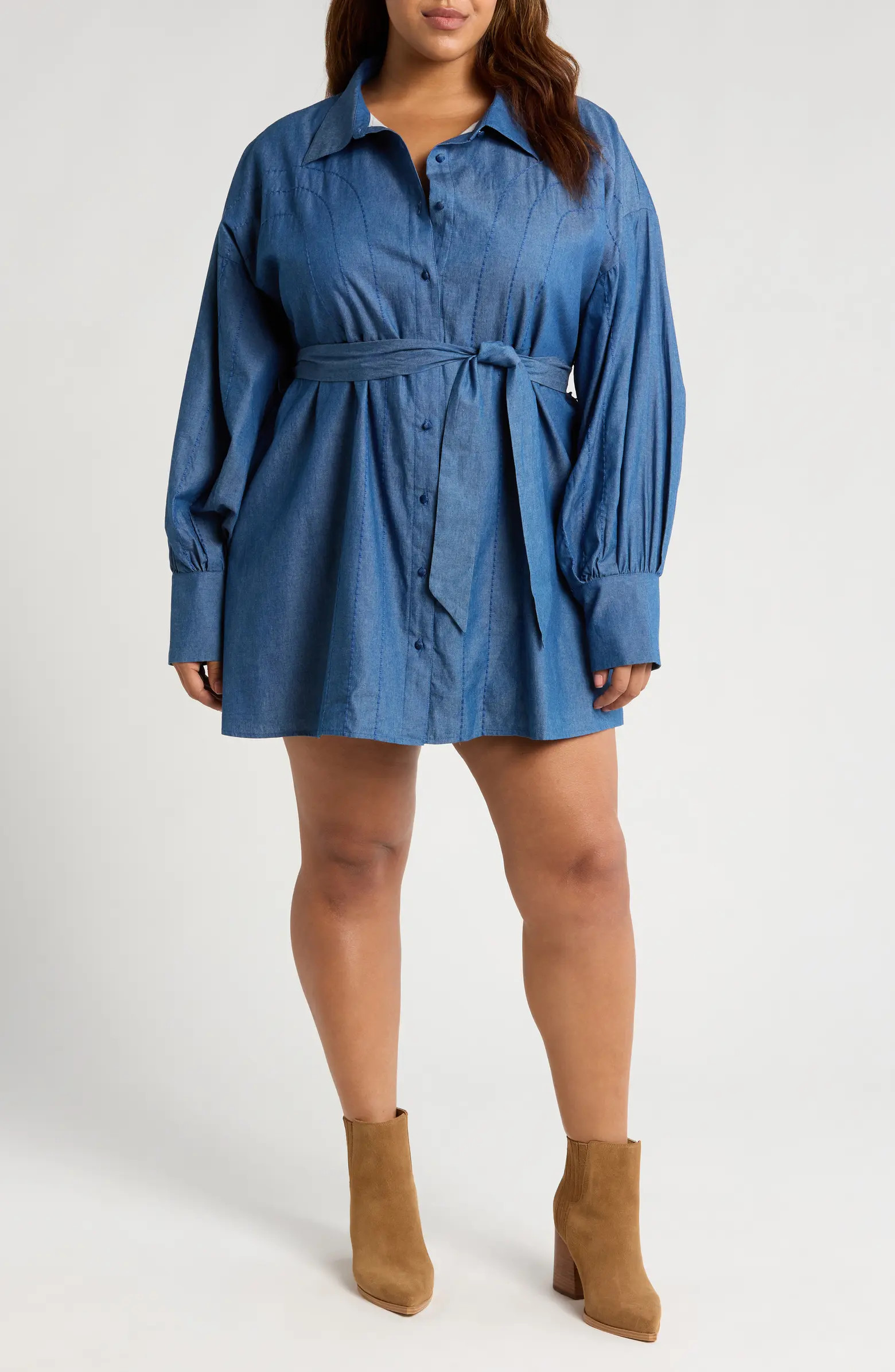 CIEBON Belted Long Sleeve Cotton Chambray Shirtdress | Nordstrom | Nordstrom
