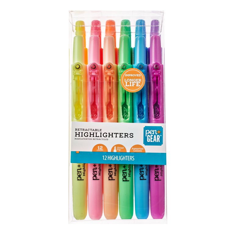 Pen + Gear Retractable Highlighters, Assorted Colors, Chisel Tip , 12 Count | Walmart (US)