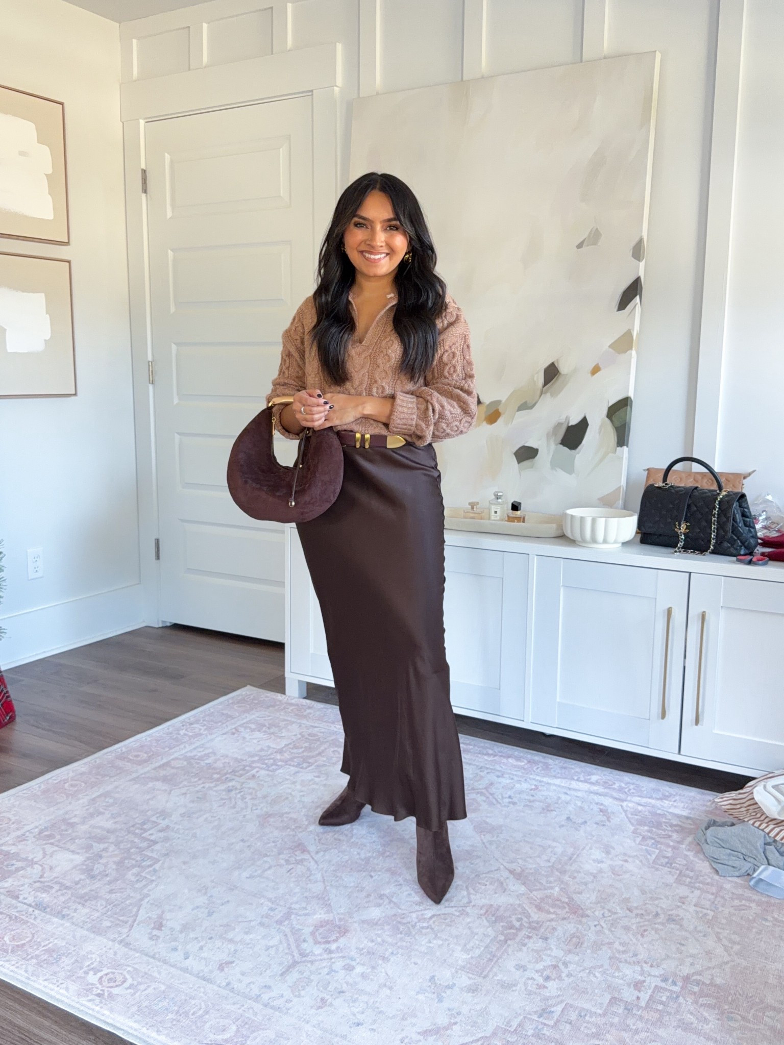 Brown collard cable sweater size xs TTS
Belt size xs TTS
Brown hot fudge maxi satin skirt size xs TTS
Brown boots size 5.5 TTS

#LTKPetite #LTKHoliday #LTKCyberWeek