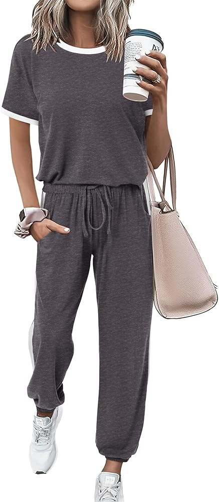 MASCOMODA Womens 2 Piece Outfits 2025 Summer Tracksuit Sets Short Sleeve Tops Travel Long Pants J... | Amazon (US)