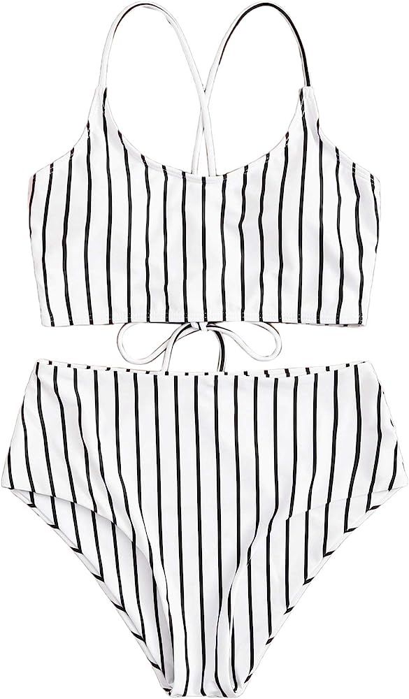 SweatyRocks Women's Bathing Suits Striped Criss Cross Bikini Set High Waisted Swimsuits | Amazon (US)