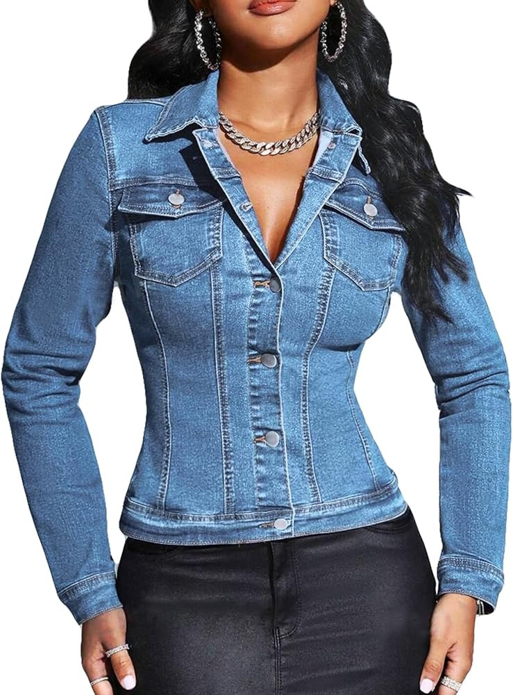 Women Cropped Denim Jacket Lapel Button Down Long Sleeve Slim Fitted Stretchy Short Jean Jacket w... | Amazon (US)
