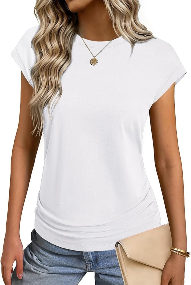 GKBK Womens Summer Cotton Tops Ruched Cap Short Sleeve Tshirts Crew Neck Shirts Fashion Trendy 20... | Amazon (US)