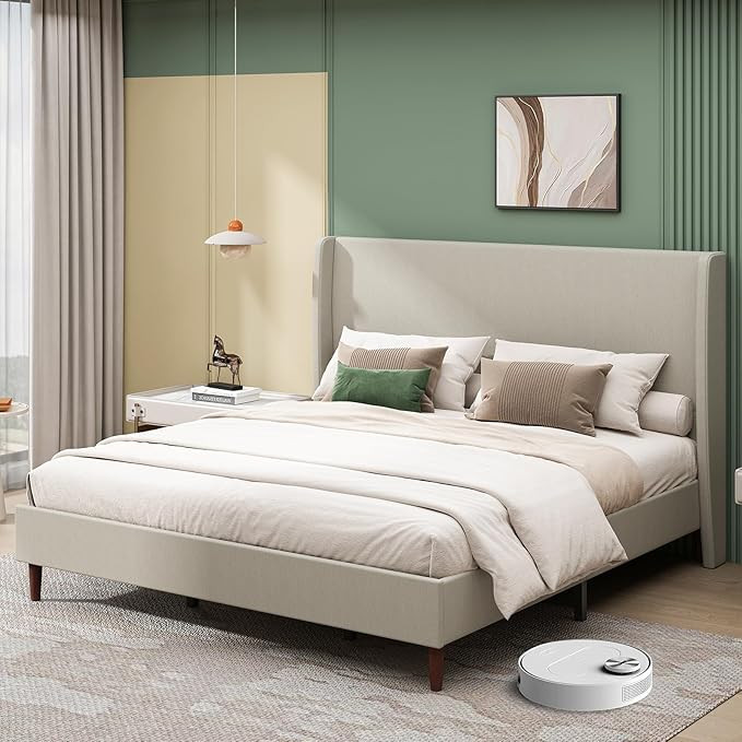 King Size Platform Bed Frame,Upholstered Bed Frame with Wing Side Headboard, Linen Fabric, Strong... | Amazon (US)