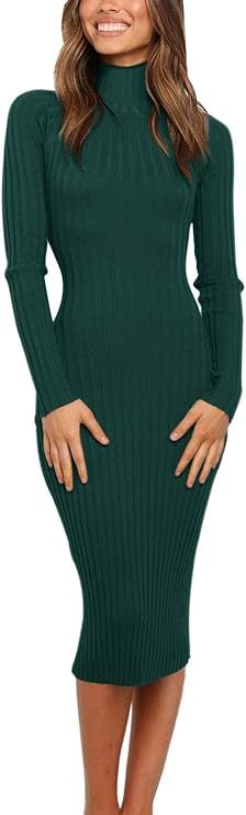 MEROKEETY Women's Ribbed Long Sleeve Sweater Dress High Neck Slim Fit Knitted Midi Dress, Green, ... | Amazon (US)