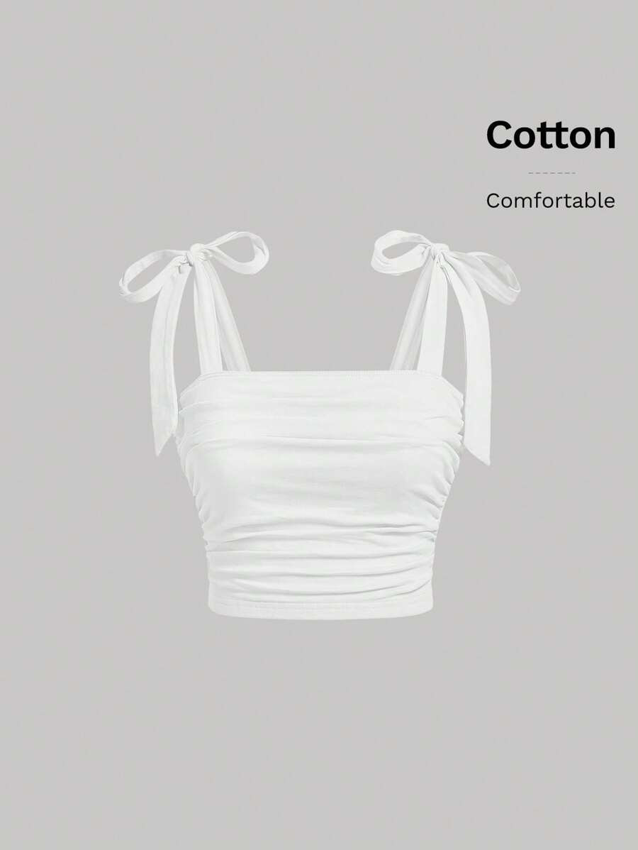 SHEIN MOD White Bow Summer Solid Tie Shoulder Cami Top | SHEIN