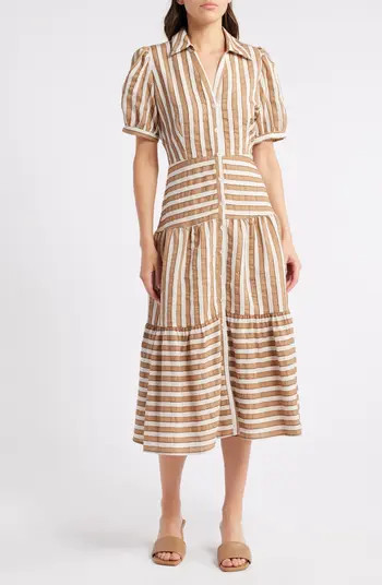 Mila Mae Stripe Puff Sleeve Midi Dress | Nordstrom | Nordstrom