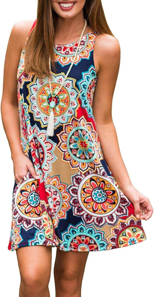 Women's Summer Sleeveless Damask Print Pocket Loose T-Shirt Dress | Amazon (US)