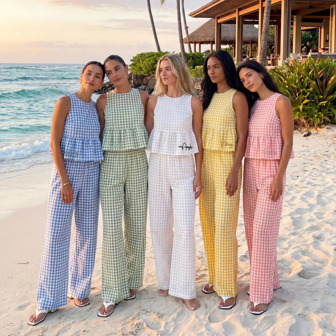 Gingham Sleeveless Pajama Set with Customizable Embroidery - Elastic Waist, Polyester, Comfortabl... | Etsy (US)