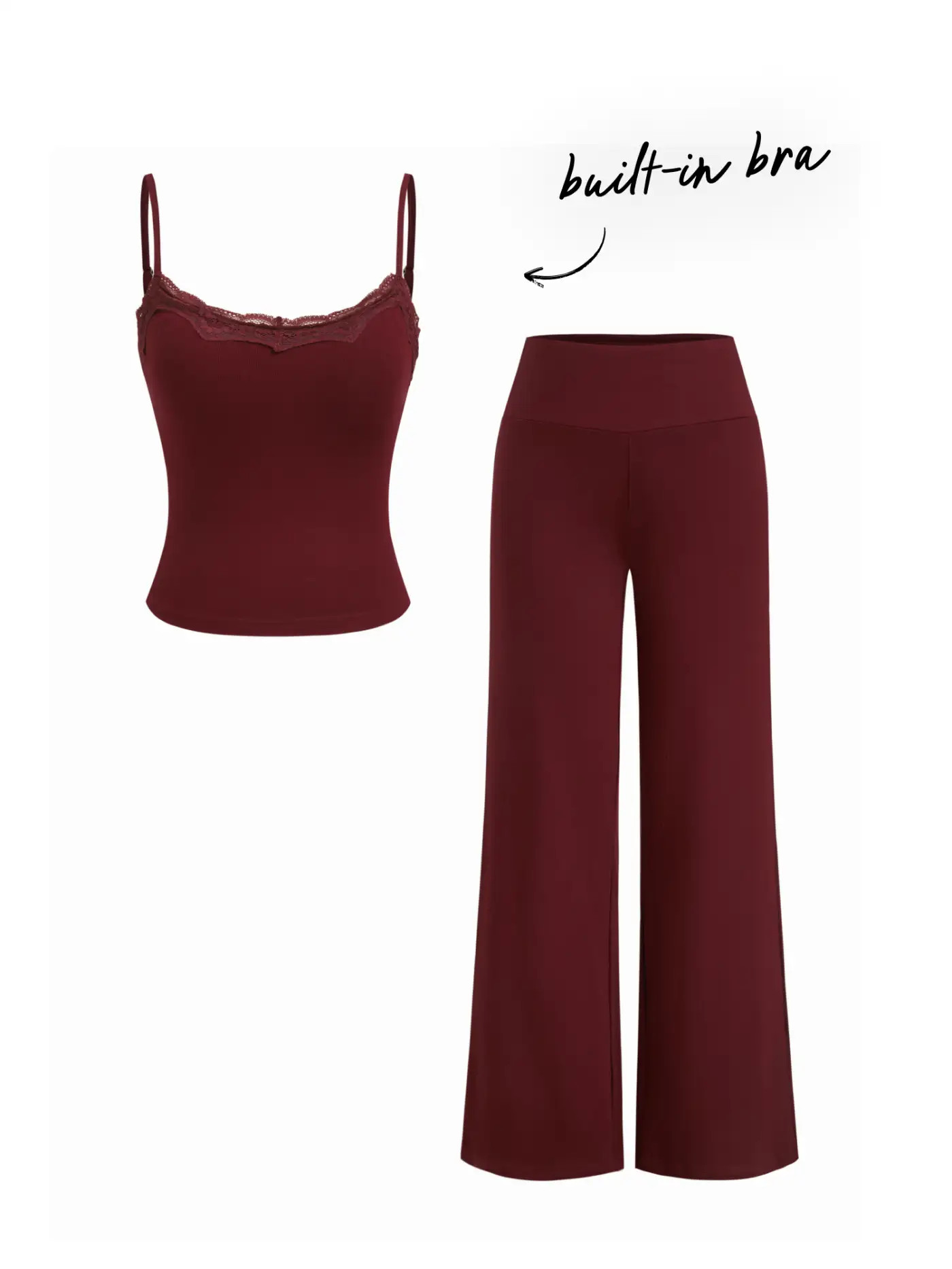 Knit Fabric Built-in Bra Square Neck Lace Trim Cami Top & Mid Rise Straight Leg Trousers Loungewe... | Cider