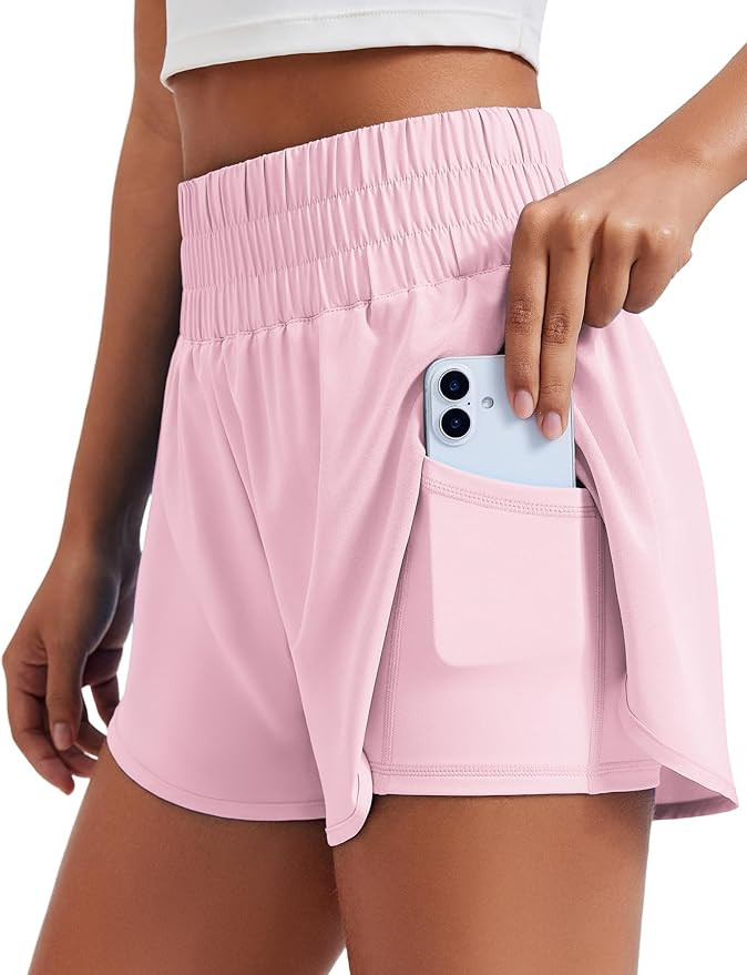 PINSPARK Women's 2 in 1 Running Shorts High-Split Athletic Short High Waisted 3" Liner Workout Gy... | Amazon (US)