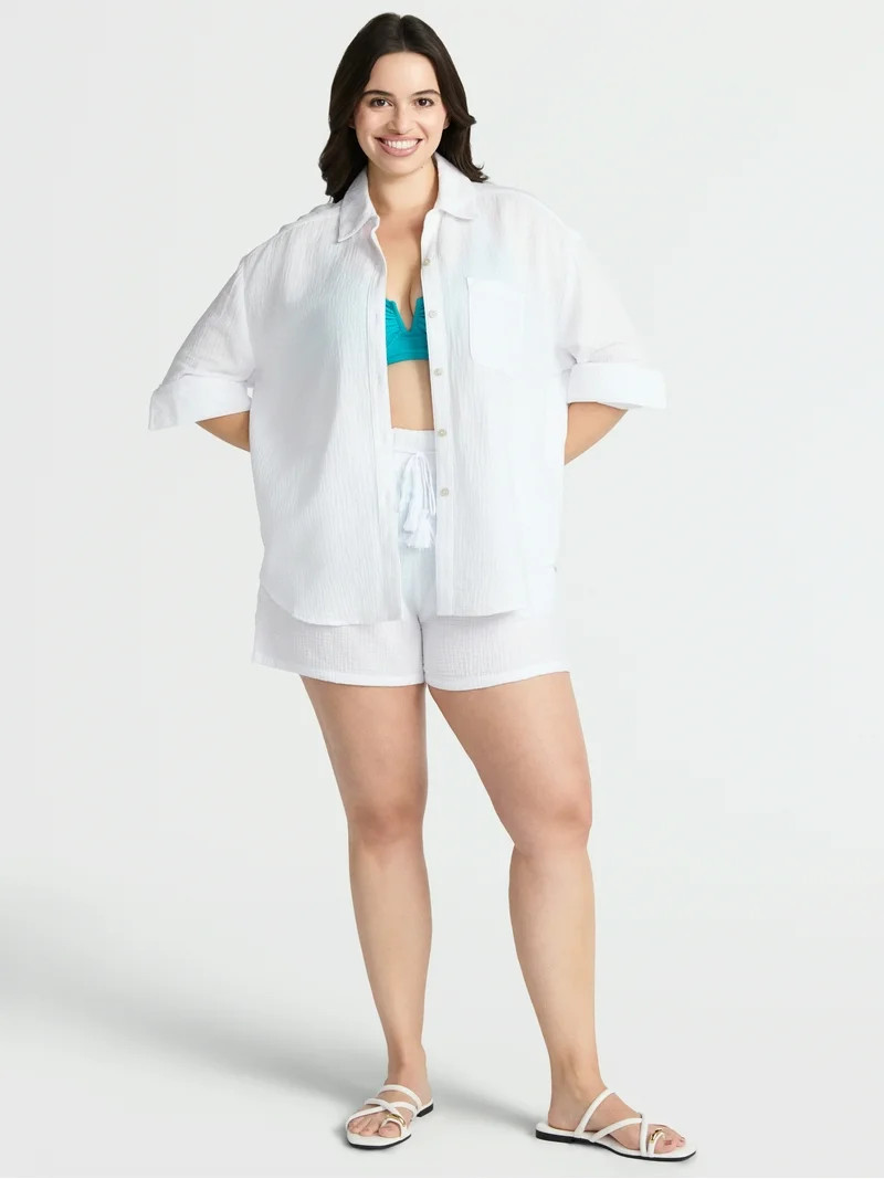 Time and Tru Women's and Women's Plus Button Down Cotton Coverup Shirt, Sizes XS - 3X | Walmart (US)